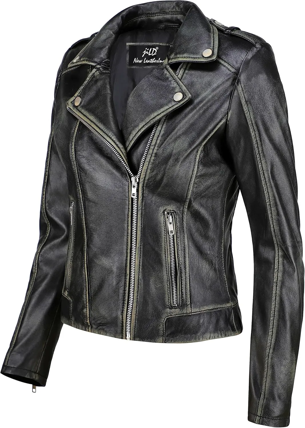Jild Biker Style Vintage Leather Jacket Women - Casual Fashion Motorcycle Zip-Up Lightweight Coat Collar Women Leather Jacket