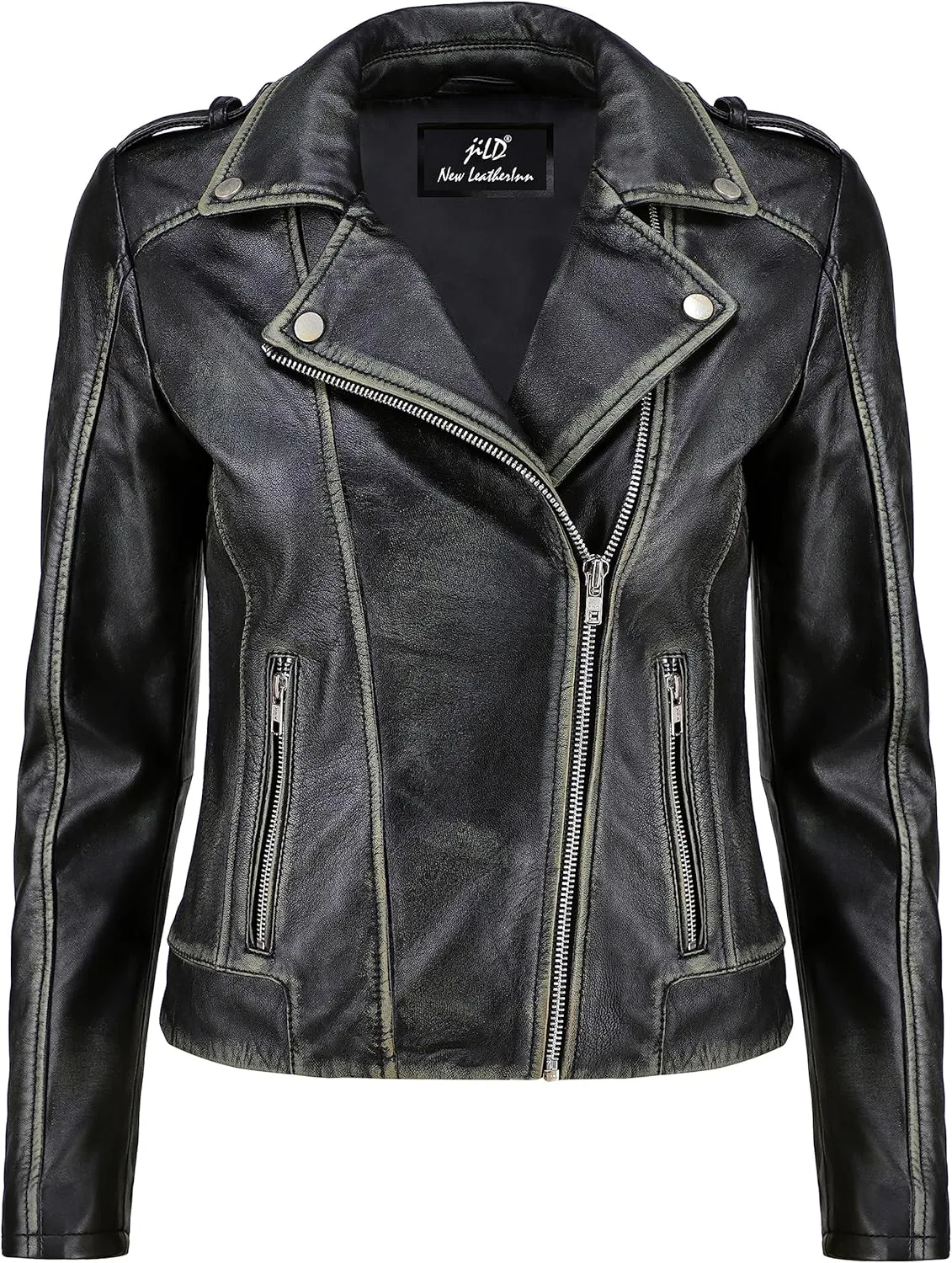 Jild Biker Style Vintage Leather Jacket Women - Casual Fashion Motorcycle Zip-Up Lightweight Coat Collar Women Leather Jacket