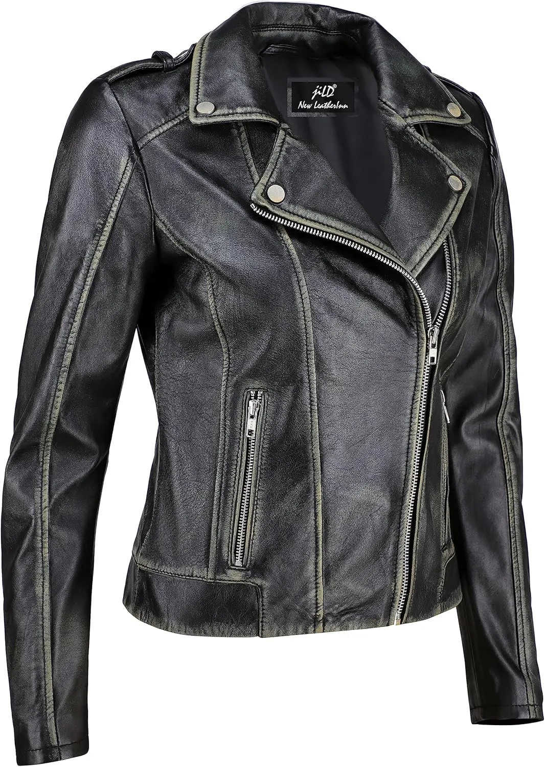 Jild Biker Style Vintage Leather Jacket Women - Casual Fashion Motorcycle Zip-Up Lightweight Coat Collar Women Leather Jacket