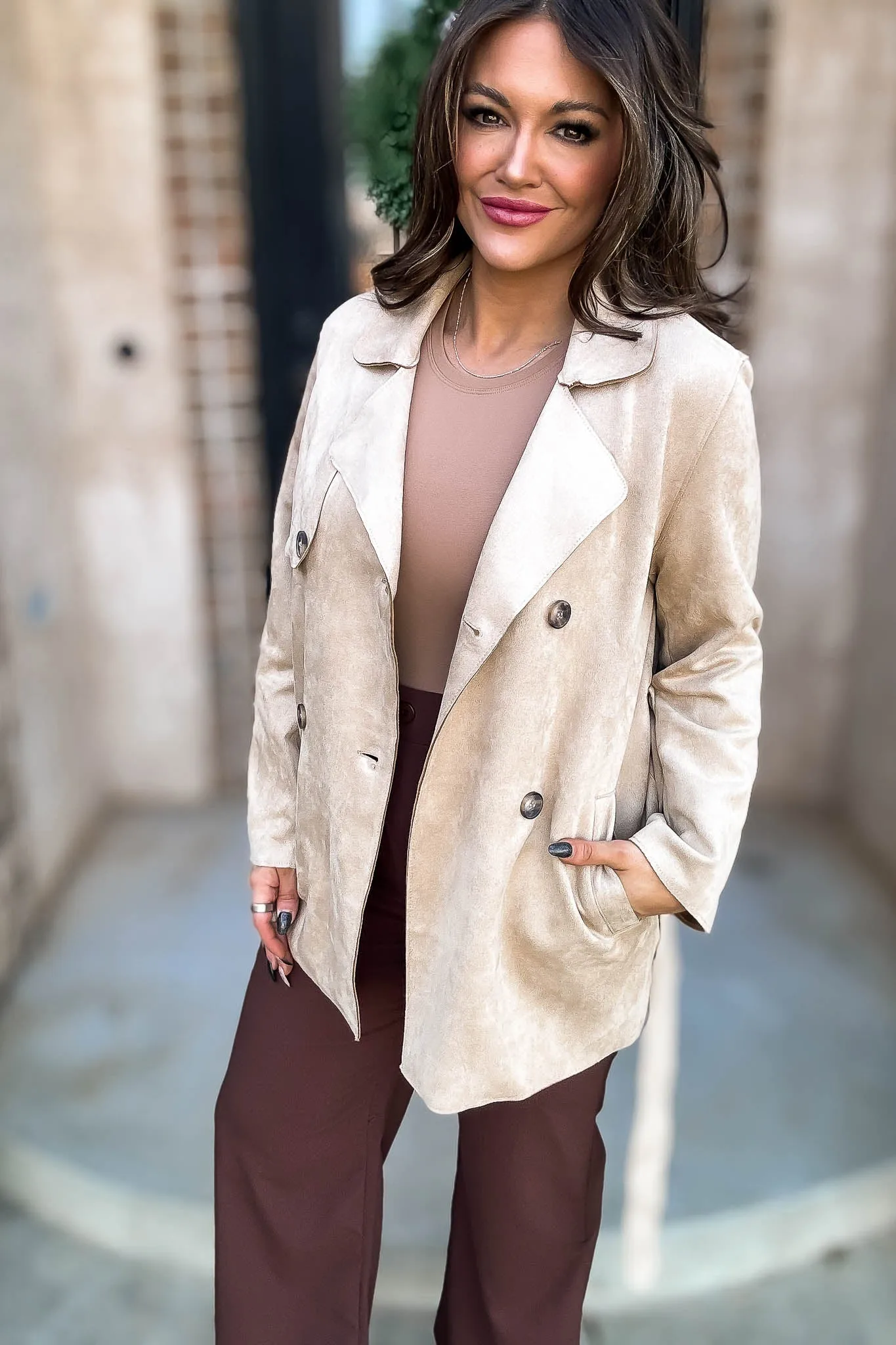 Khaki Suede Trench Coat with Waist Belt