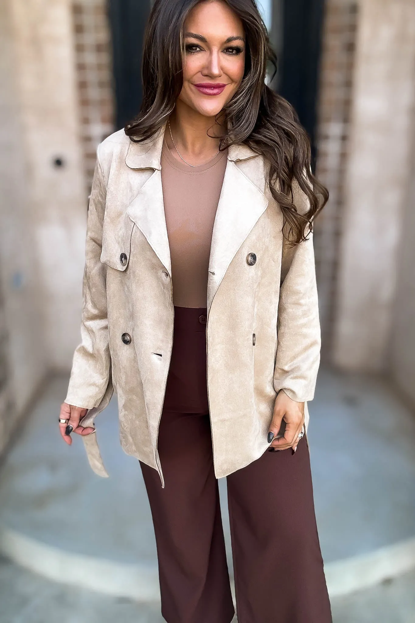 Khaki Suede Trench Coat with Waist Belt