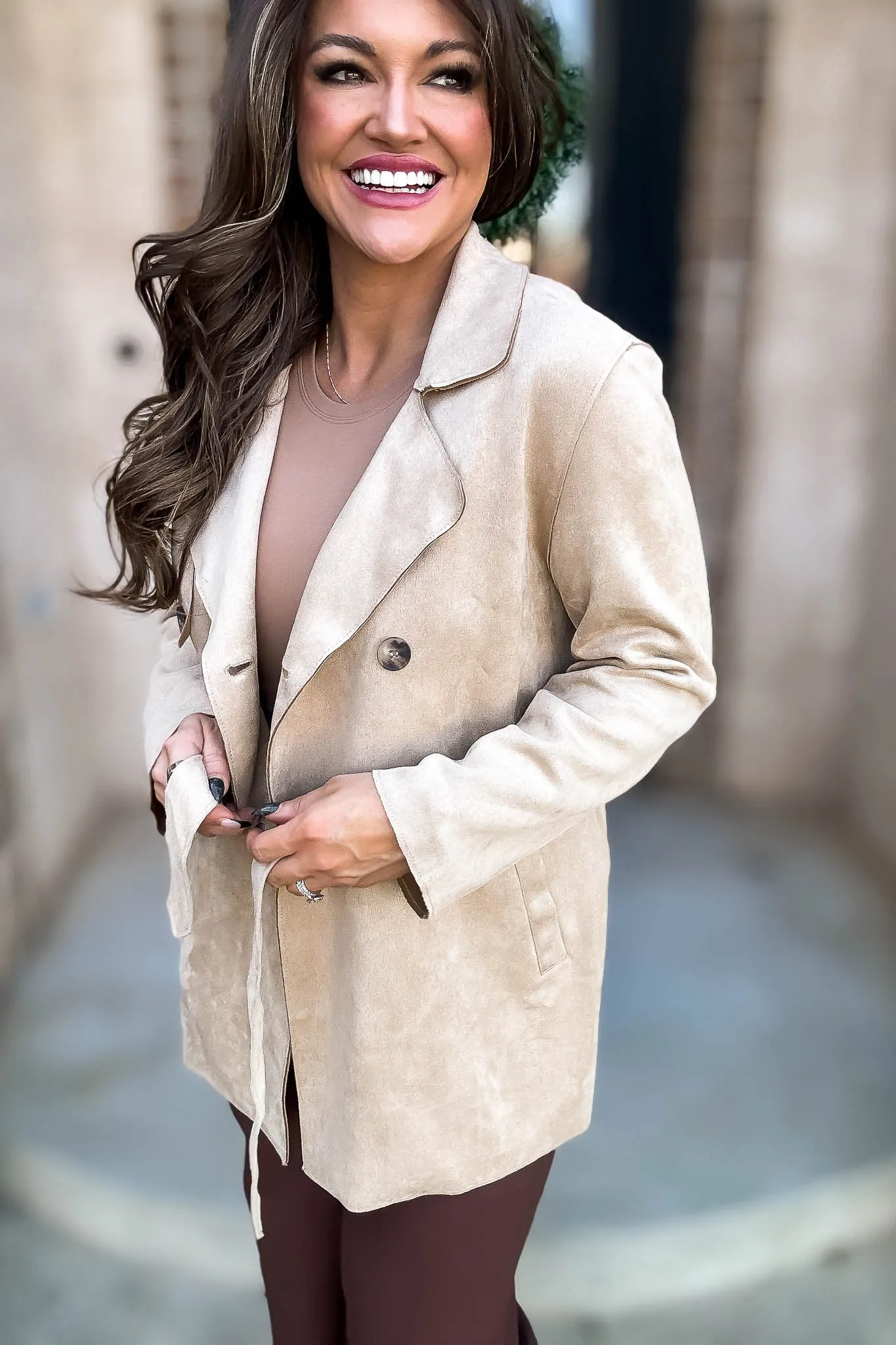 Khaki Suede Trench Coat with Waist Belt