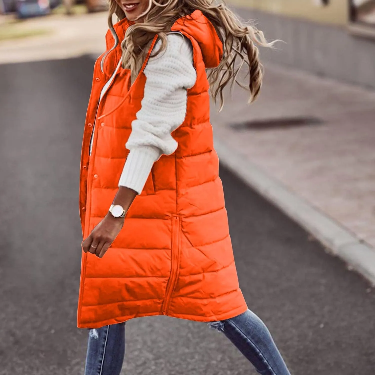 Long Puffer Vest Women Plus Size Winter Warm Coat Sleeveless Puffer Jacket Zipper Hooded Outerwear with Pockets