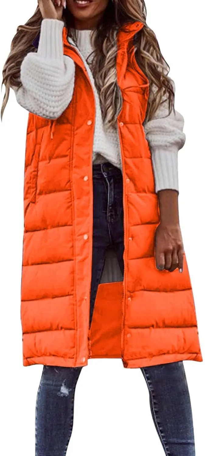 Long Puffer Vest Women Plus Size Winter Warm Coat Sleeveless Puffer Jacket Zipper Hooded Outerwear with Pockets