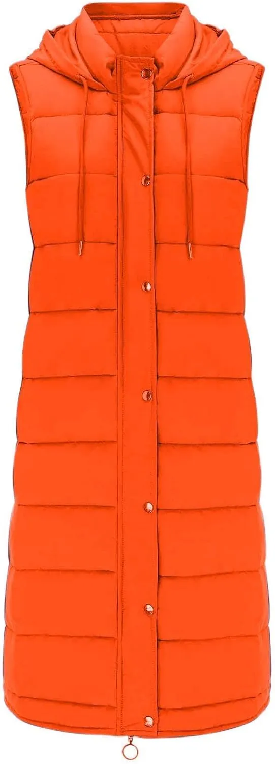 Long Puffer Vest Women Plus Size Winter Warm Coat Sleeveless Puffer Jacket Zipper Hooded Outerwear with Pockets