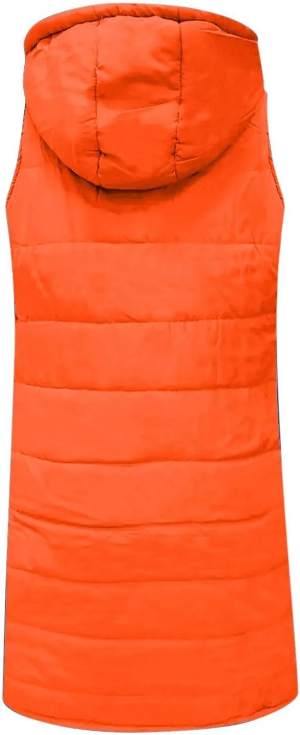 Long Puffer Vest Women Plus Size Winter Warm Coat Sleeveless Puffer Jacket Zipper Hooded Outerwear with Pockets