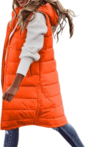 Long Puffer Vest Women Plus Size Winter Warm Coat Sleeveless Puffer Jacket Zipper Hooded Outerwear with Pockets