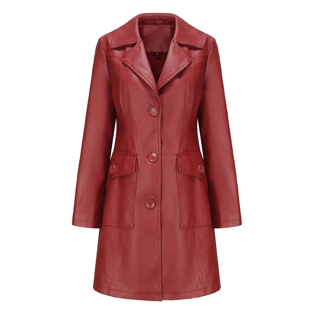 Luxury Lapel Collar Long Sleeve Button Up Cinch Waist Vegan Leather Trench Coat