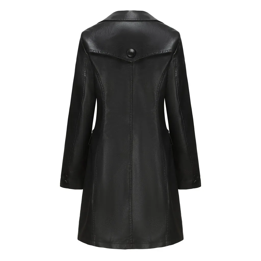 Luxury Lapel Collar Long Sleeve Button Up Cinch Waist Vegan Leather Trench Coat