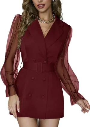 LYANER Women's Elegant Collar V Neck Lace Long Sleeve Blazer Mini Dress with Belt