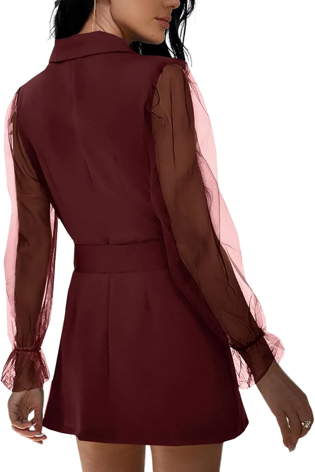 LYANER Women's Elegant Collar V Neck Lace Long Sleeve Blazer Mini Dress with Belt