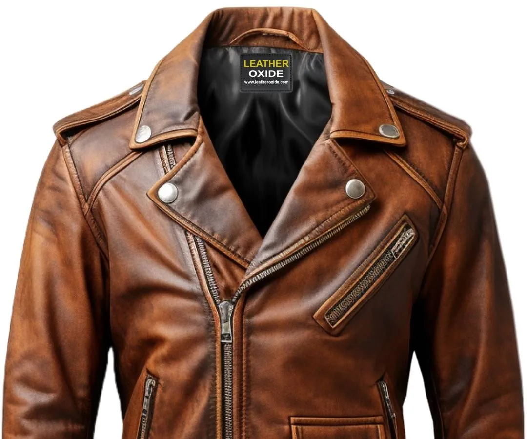 Men Vintage Biker Brown Leather Jacket - Vintage Brown Leather Jacket