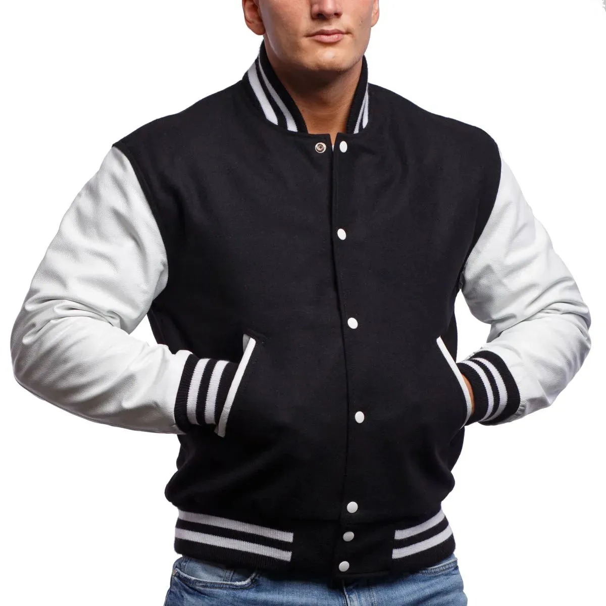 Mens Black And White Leather Varsity Jacket