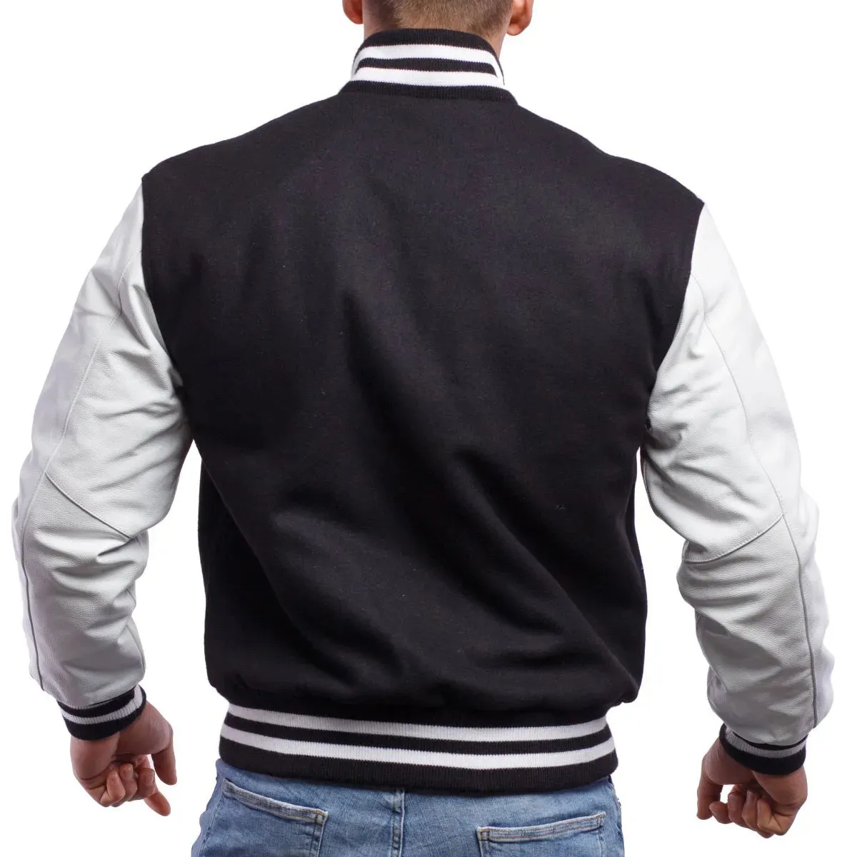 Mens Black And White Leather Varsity Jacket