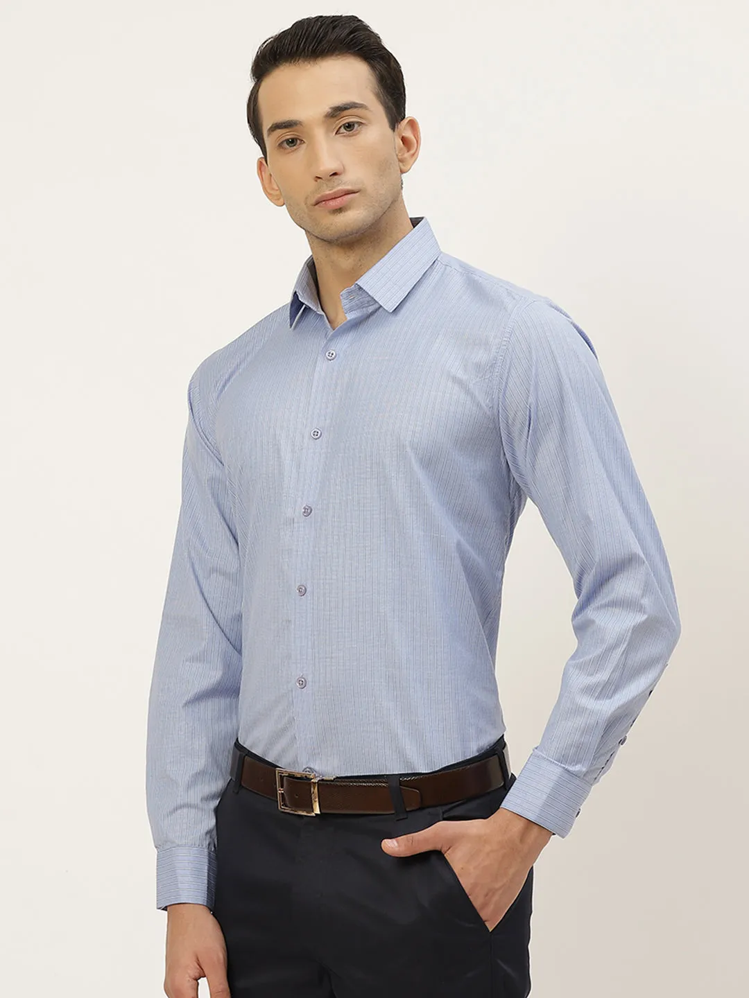 Mens Cotton Blue & Off White Striped Formal Shirt - Sojanya