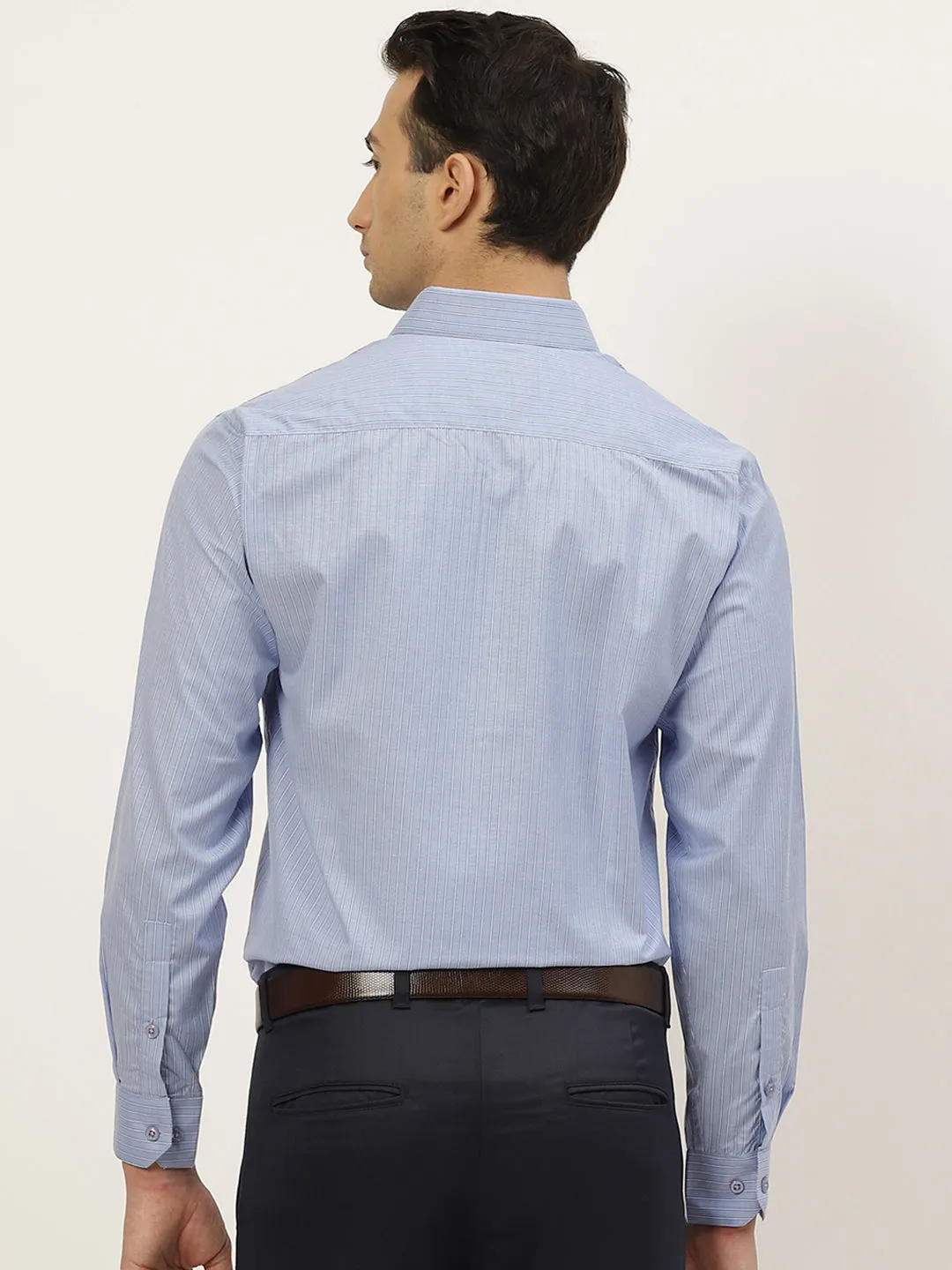 Mens Cotton Blue & Off White Striped Formal Shirt - Sojanya