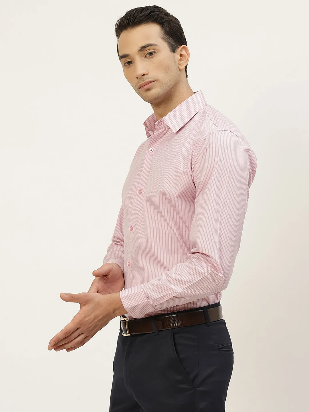 Mens Cotton Pink & Navy Blue Striped Formal Shirt - Sojanya