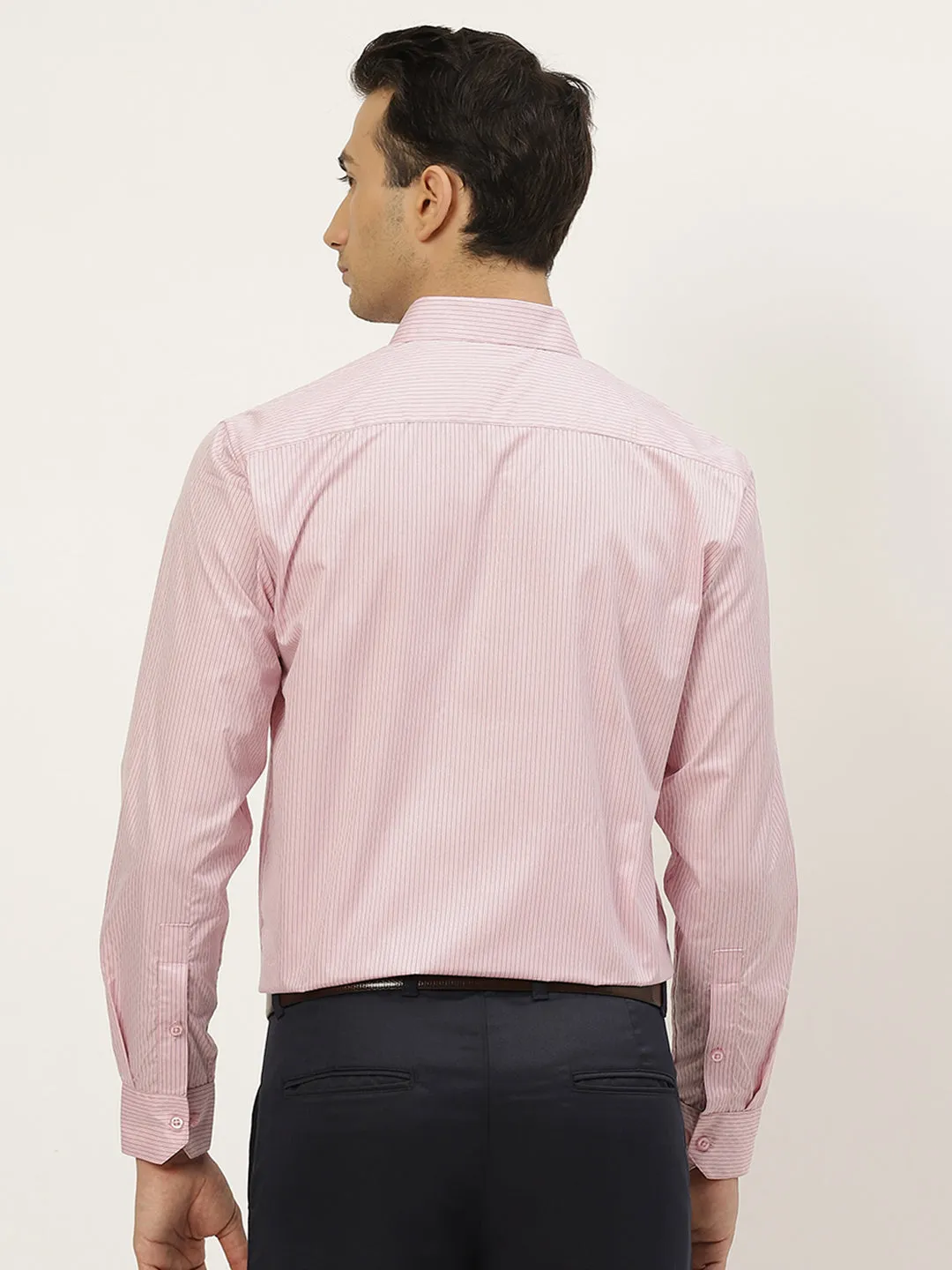Mens Cotton Pink & Navy Blue Striped Formal Shirt - Sojanya