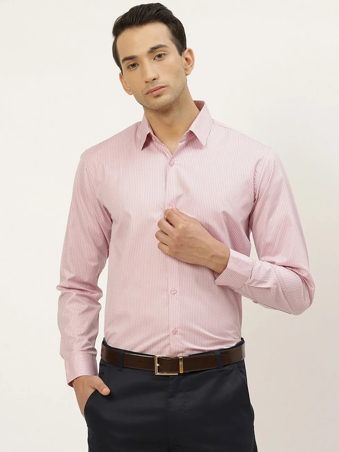 Mens Cotton Pink & Navy Blue Striped Formal Shirt - Sojanya
