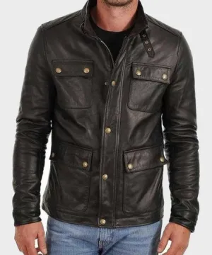 Men's Four Pocket Black Leather Jacket