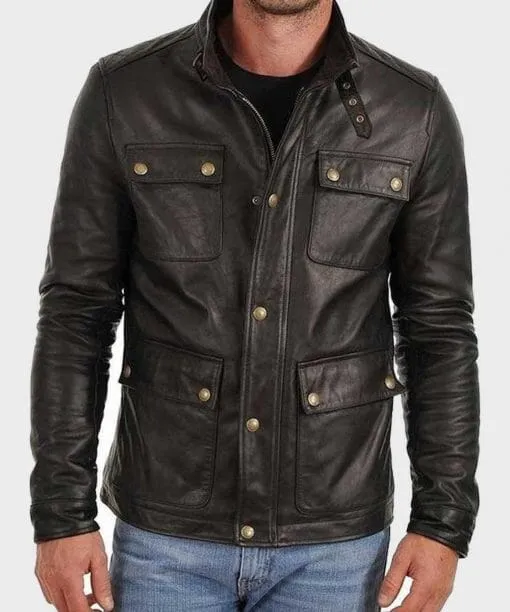 Men's Four Pocket Black Leather Jacket