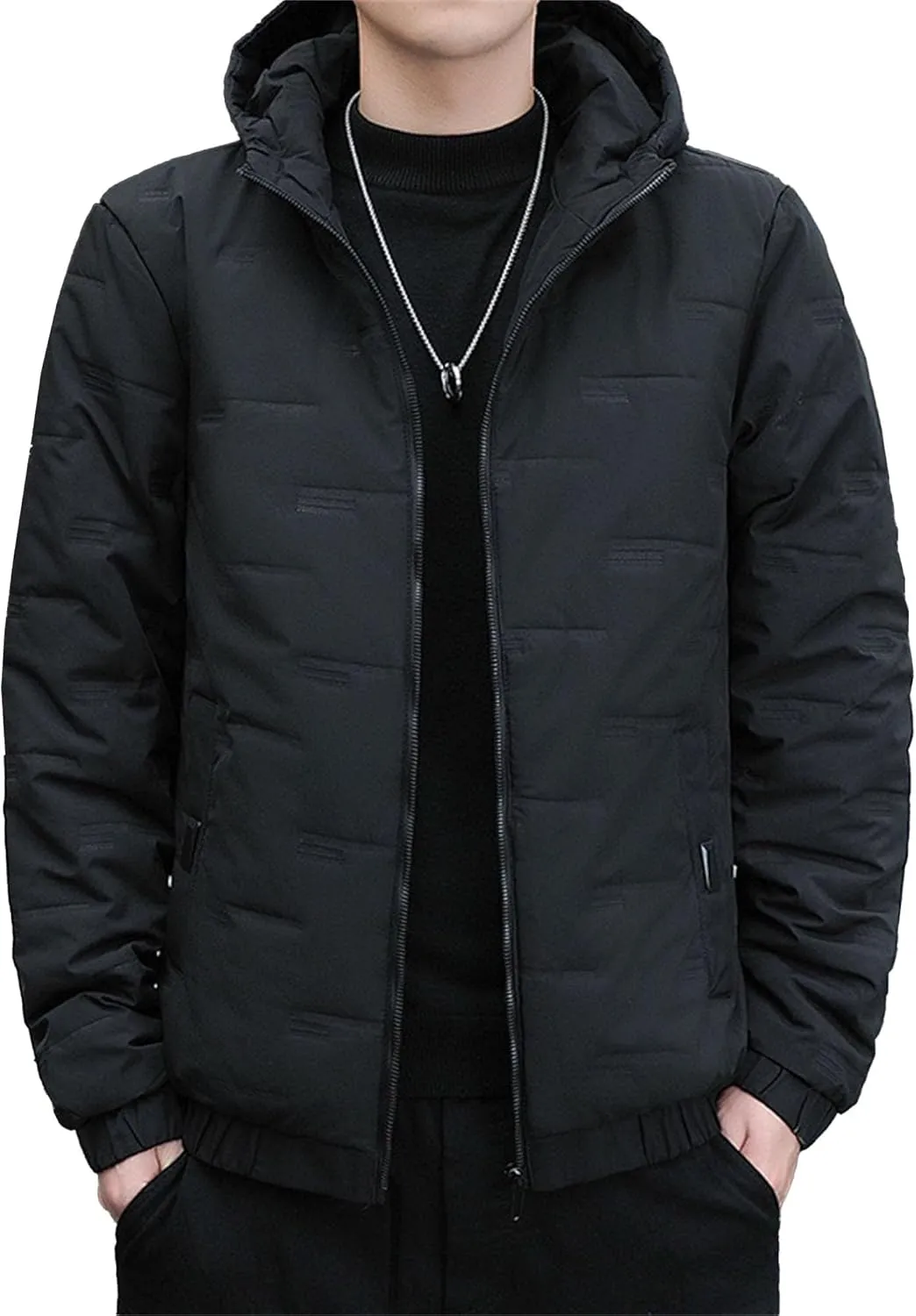 Mens Hooded Bomber Jacket Full Zip Lightweight Casual Windbreaker Windproof Quilted Jacket Warm Winter Padded Coats