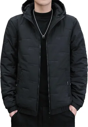 Mens Hooded Bomber Jacket Full Zip Lightweight Casual Windbreaker Windproof Quilted Jacket Warm Winter Padded Coats