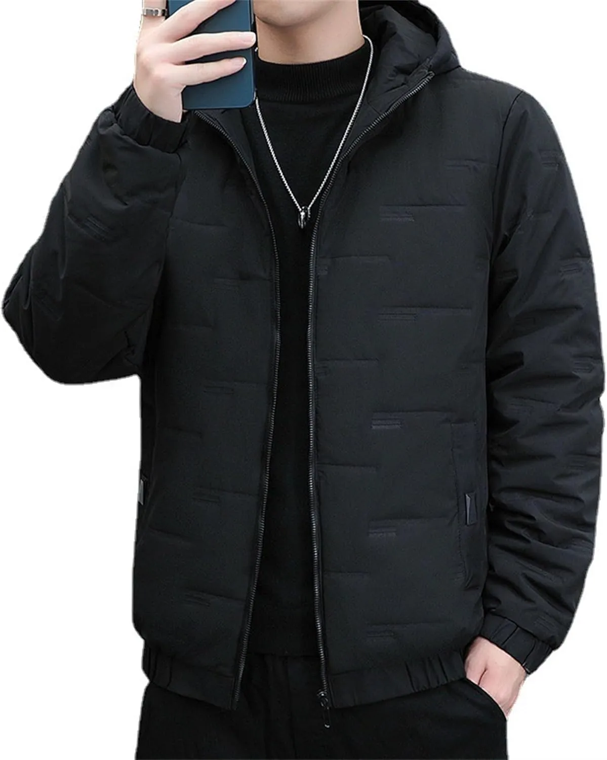 Mens Hooded Bomber Jacket Full Zip Lightweight Casual Windbreaker Windproof Quilted Jacket Warm Winter Padded Coats