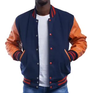 Mens Navy Blue And Orange Leather Varsity Jacket