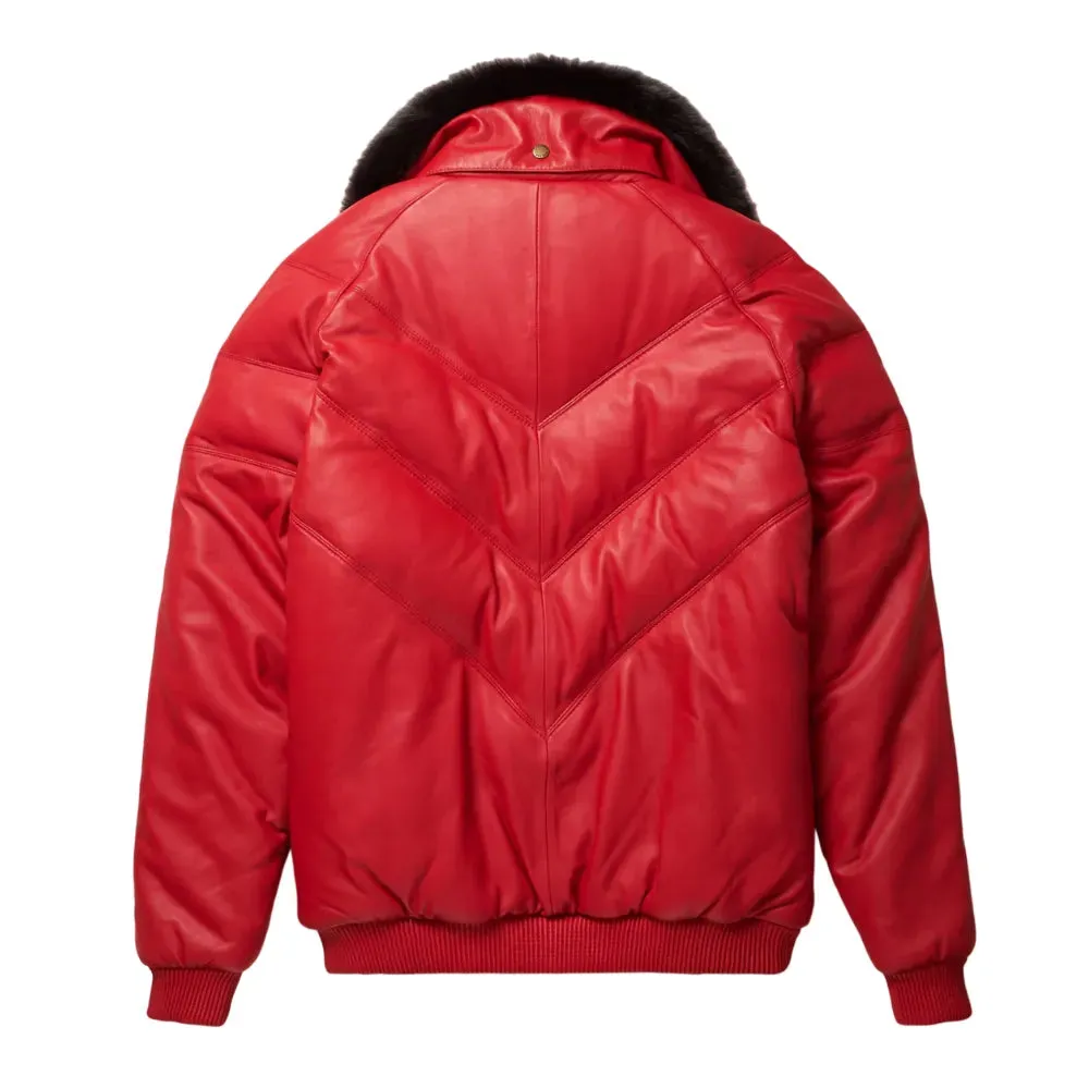 Mens Red Leather V Bomber Jacket