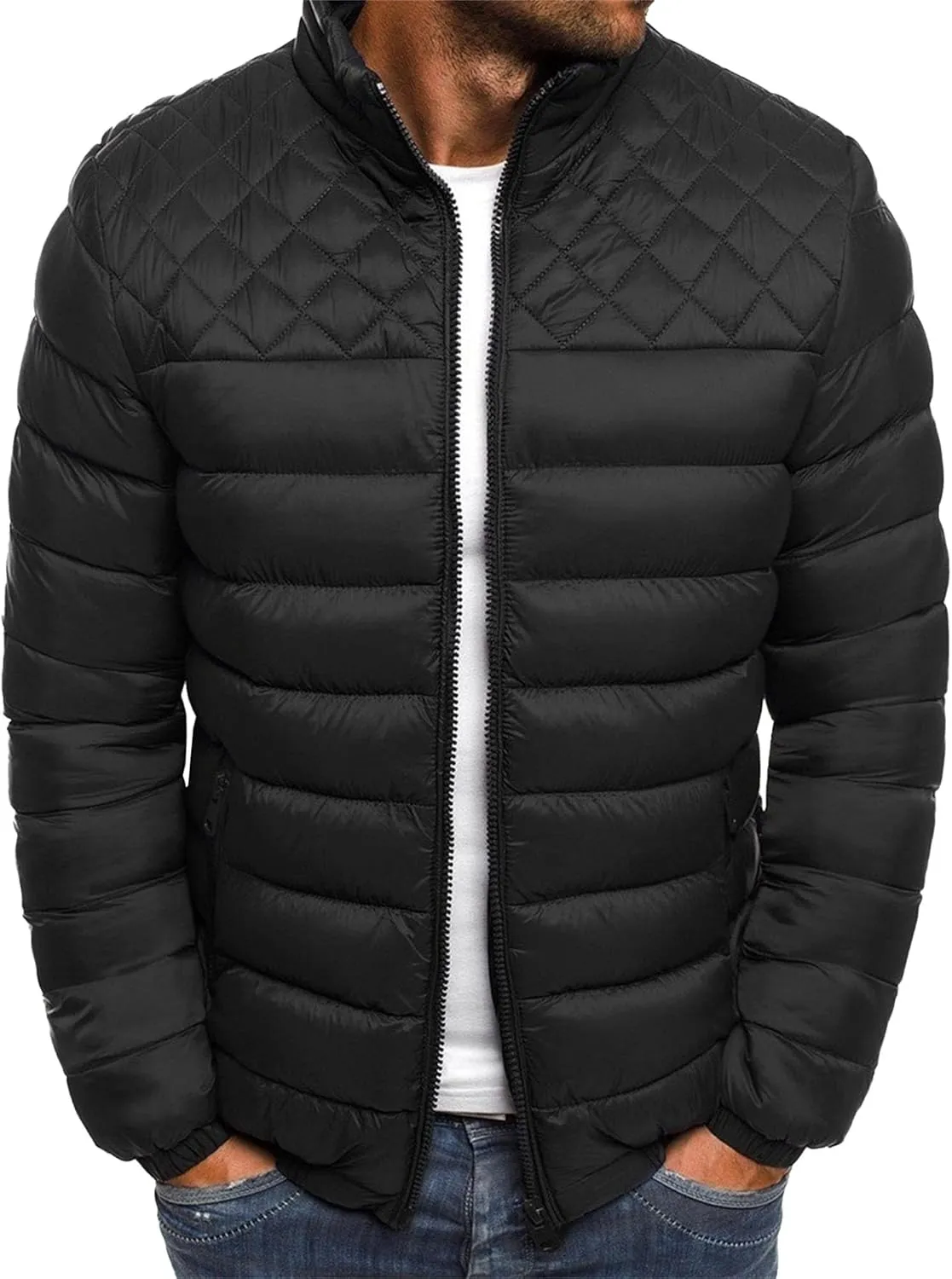 Mens Stand Collar Bomber Jackets Diamond Quilted Jacket Rib Varsity Coat Windproof Winter Warm Padded Coats Outwear