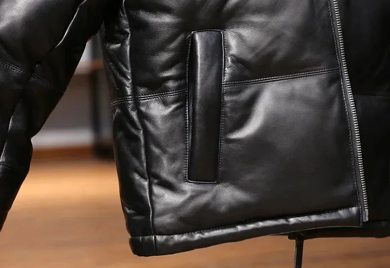 Men's Standing Collar Genuine Leather Sheepskin Down Puffer Coat