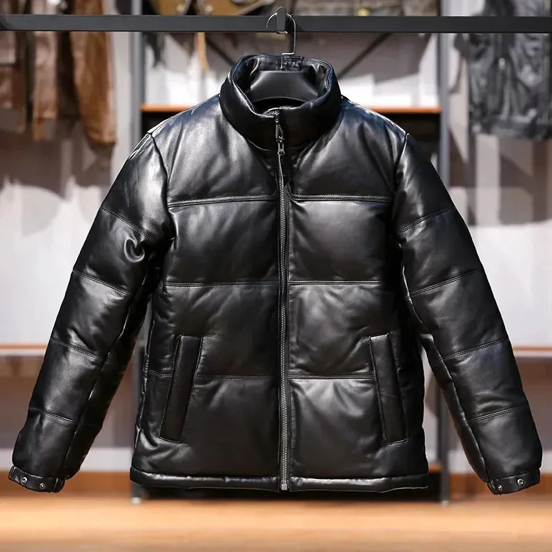 Men's Standing Collar Genuine Leather Sheepskin Down Puffer Coat