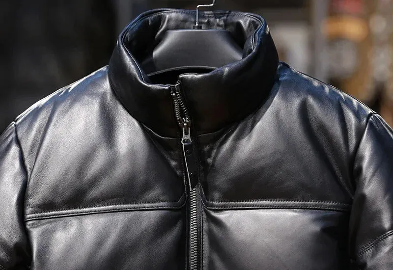 Men's Standing Collar Genuine Leather Sheepskin Down Puffer Coat