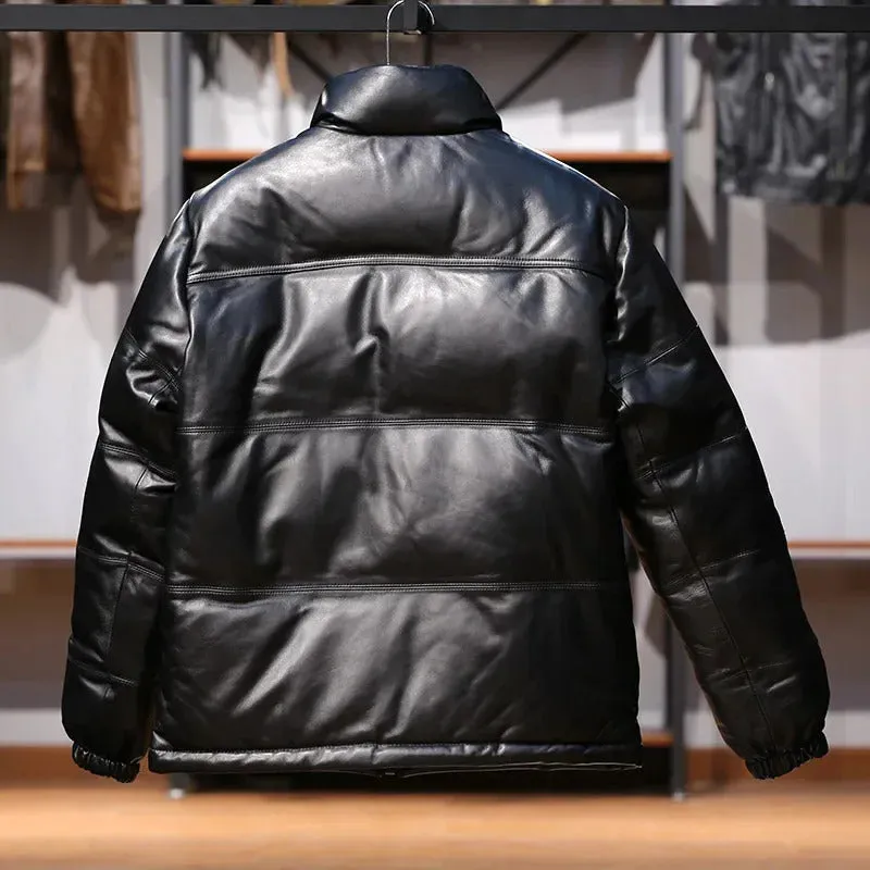 Men's Standing Collar Genuine Leather Sheepskin Down Puffer Coat