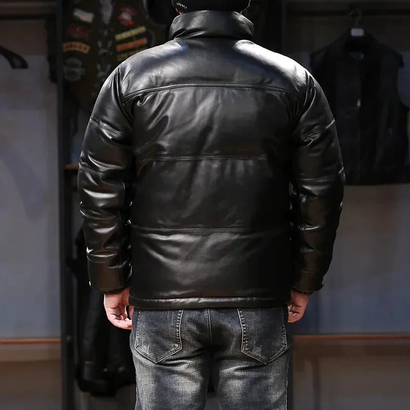 Men's Standing Collar Genuine Leather Sheepskin Down Puffer Coat