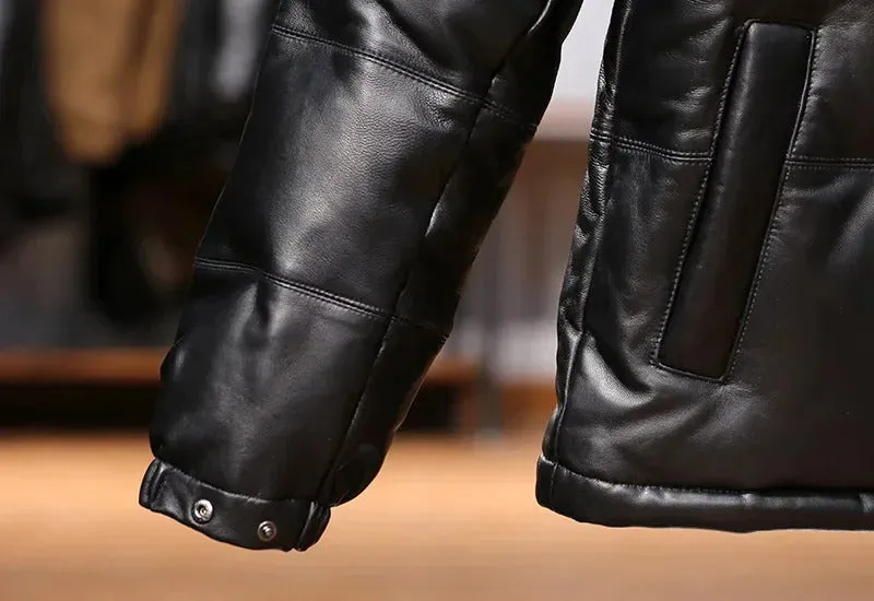 Men's Standing Collar Genuine Leather Sheepskin Down Puffer Coat