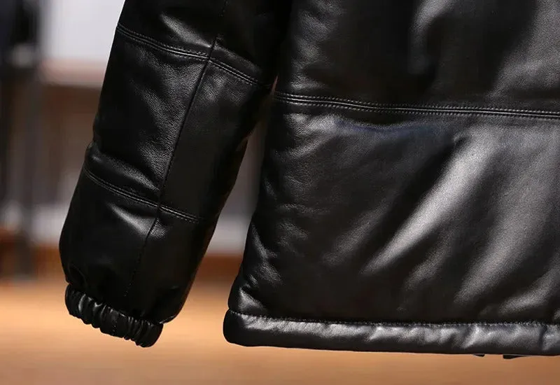 Men's Standing Collar Genuine Leather Sheepskin Down Puffer Coat