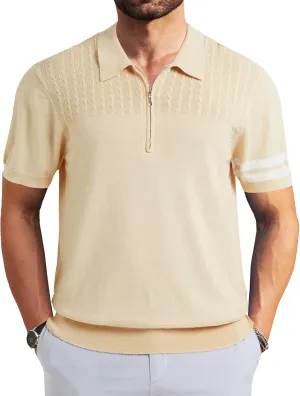 Men's Zipper Short Sleeve Polo Shirts Striped Textured Ribbed Knit Fashion Golf T-Shirts