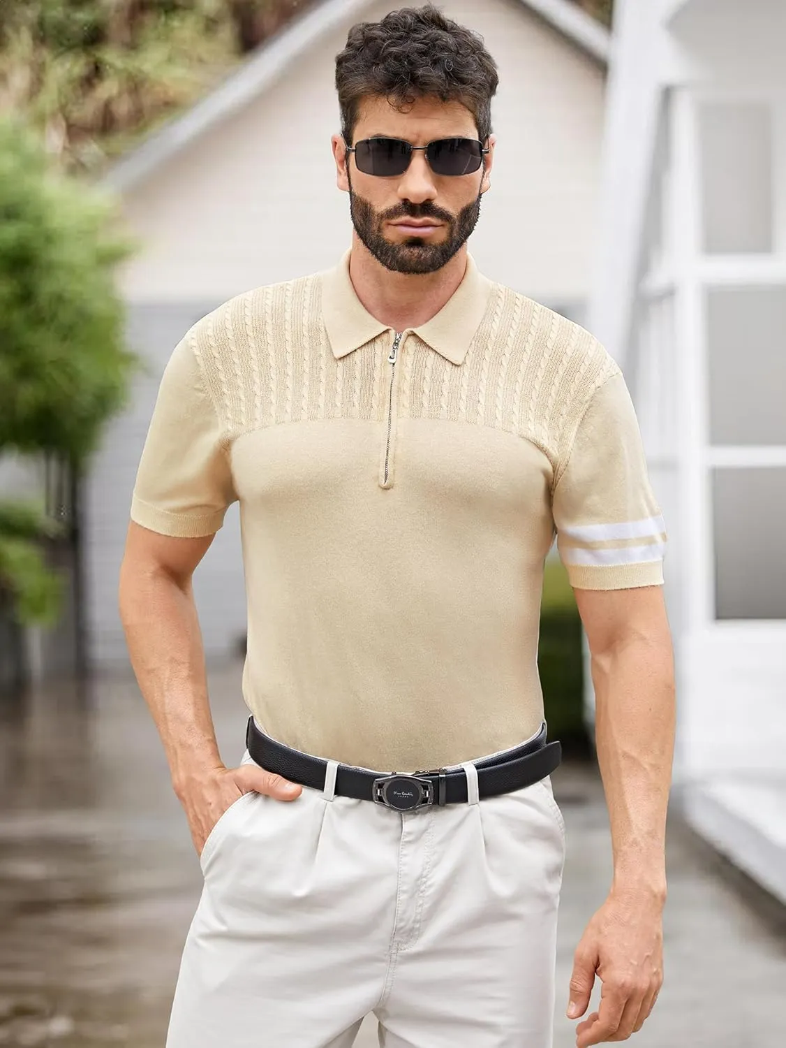 Men's Zipper Short Sleeve Polo Shirts Striped Textured Ribbed Knit Fashion Golf T-Shirts