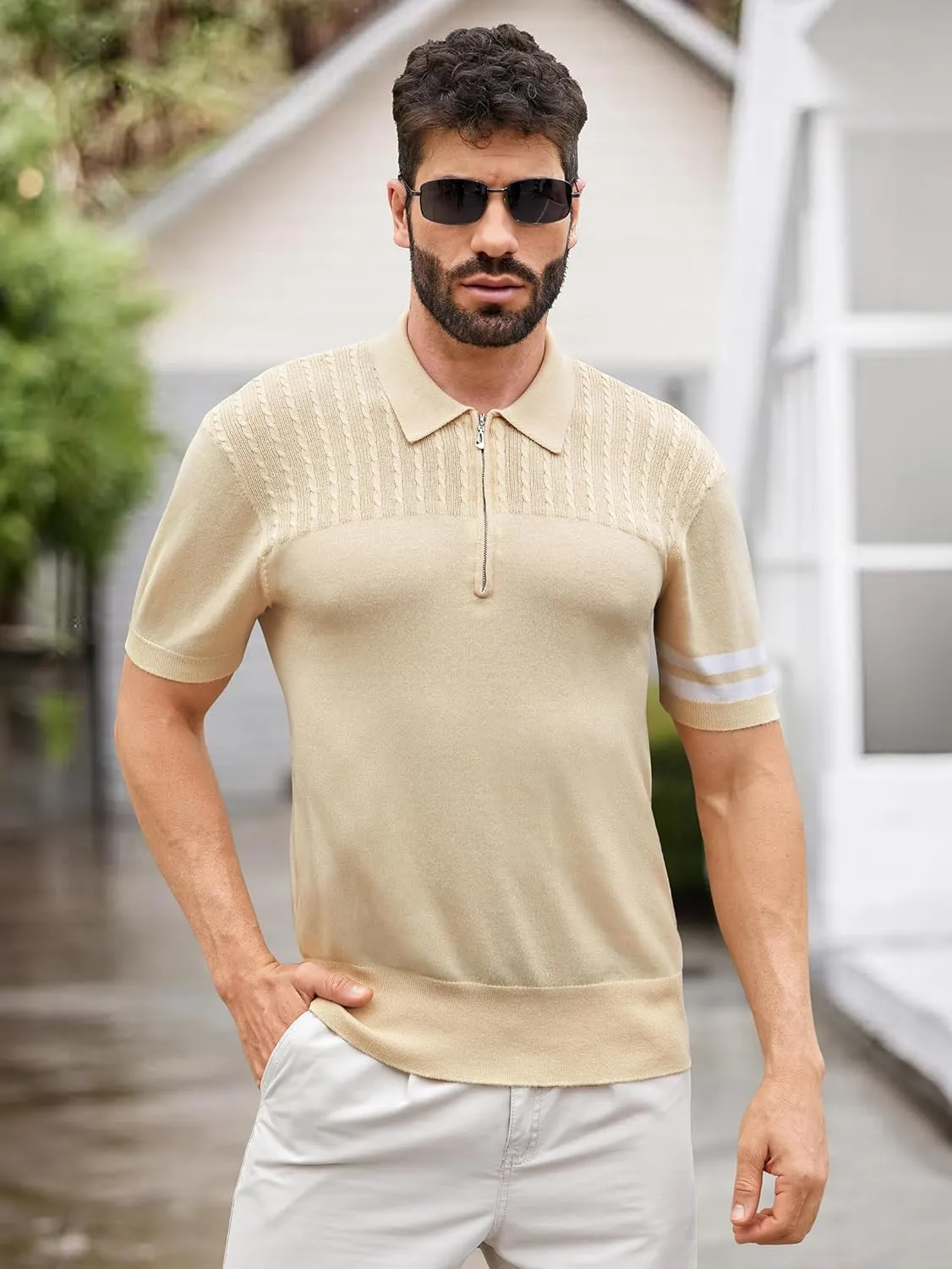 Men's Zipper Short Sleeve Polo Shirts Striped Textured Ribbed Knit Fashion Golf T-Shirts