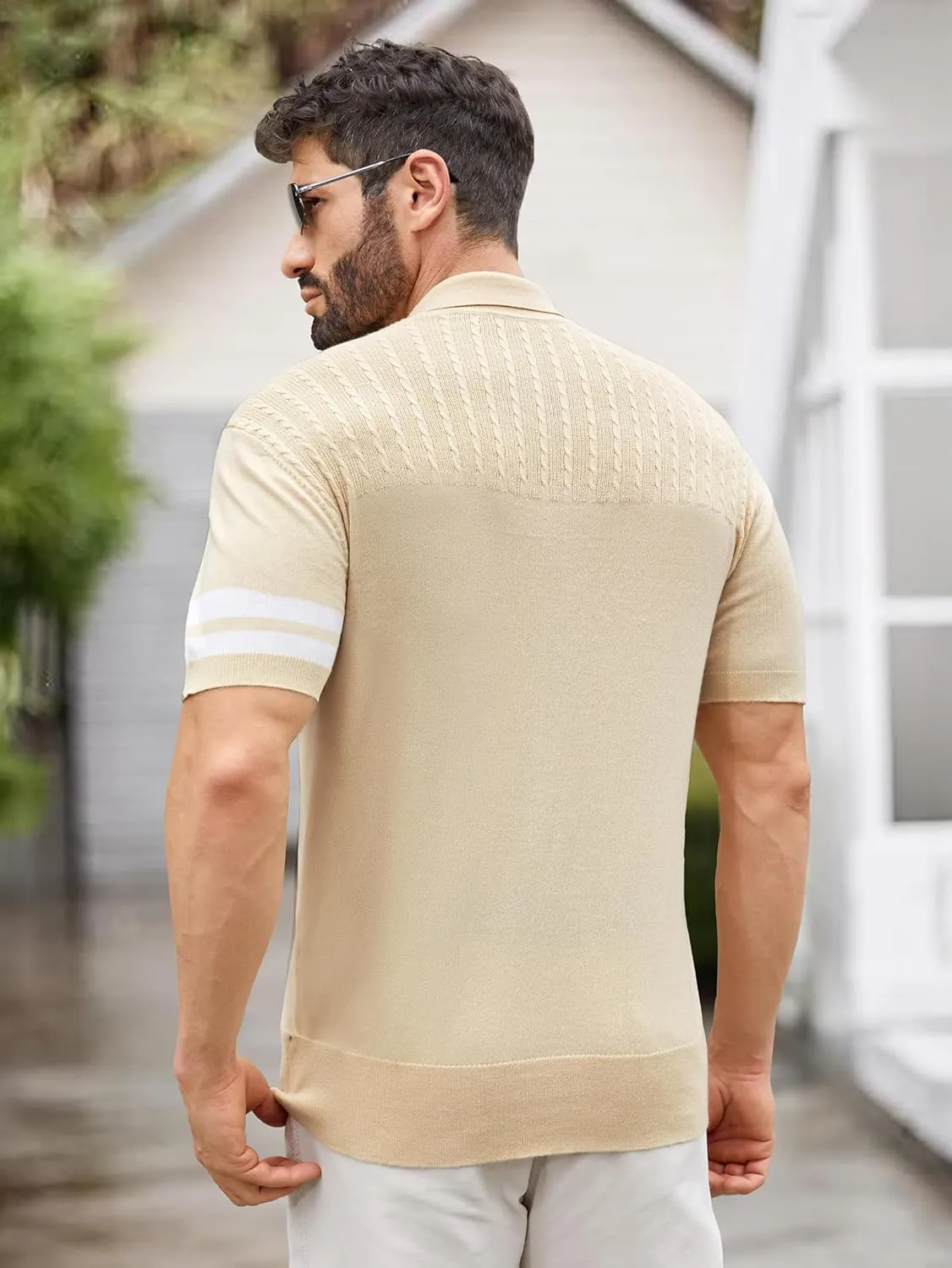 Men's Zipper Short Sleeve Polo Shirts Striped Textured Ribbed Knit Fashion Golf T-Shirts