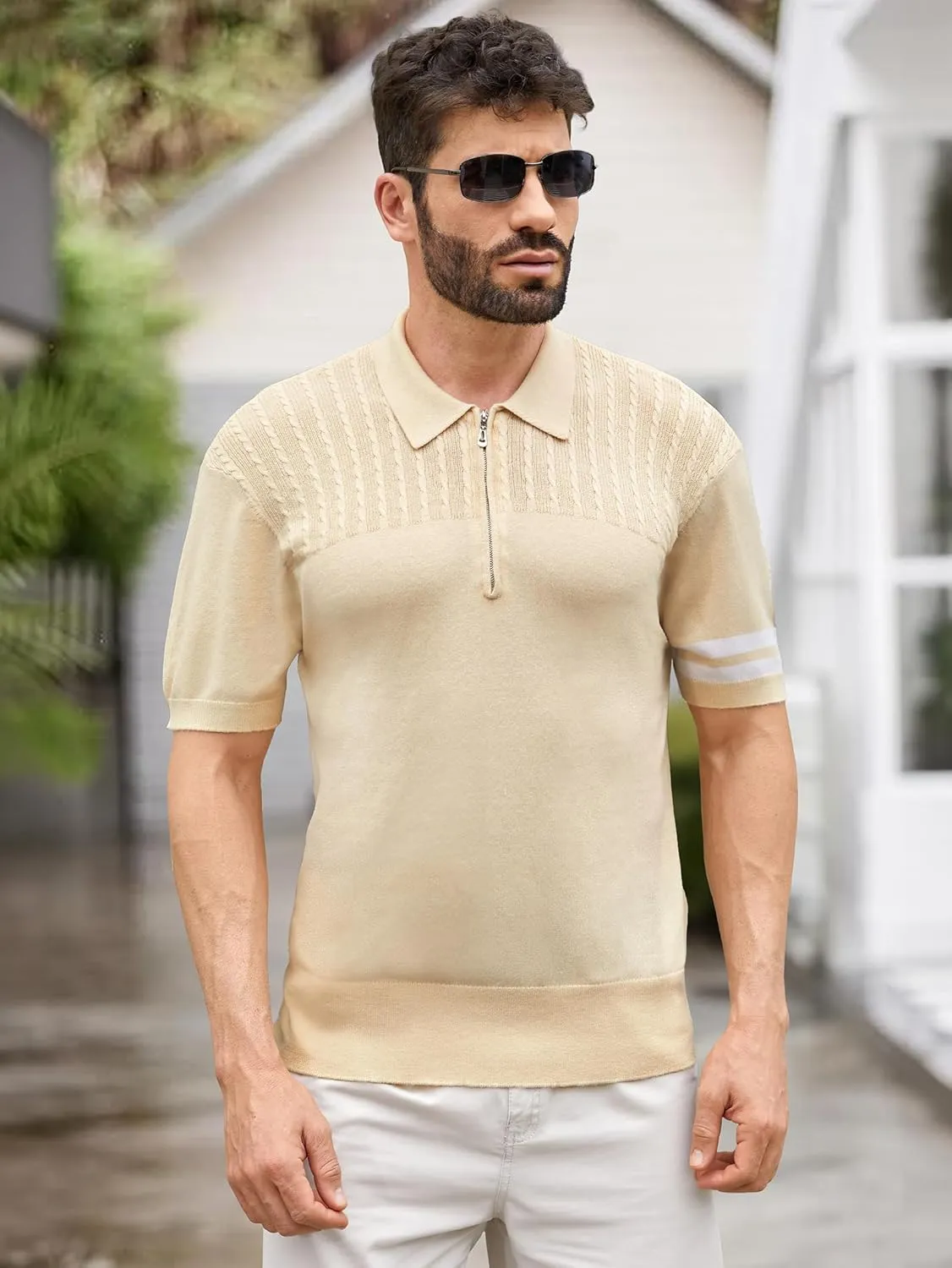 Men's Zipper Short Sleeve Polo Shirts Striped Textured Ribbed Knit Fashion Golf T-Shirts