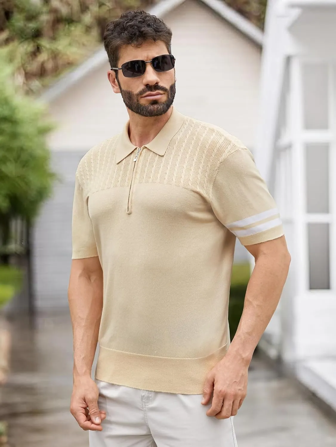 Men's Zipper Short Sleeve Polo Shirts Striped Textured Ribbed Knit Fashion Golf T-Shirts