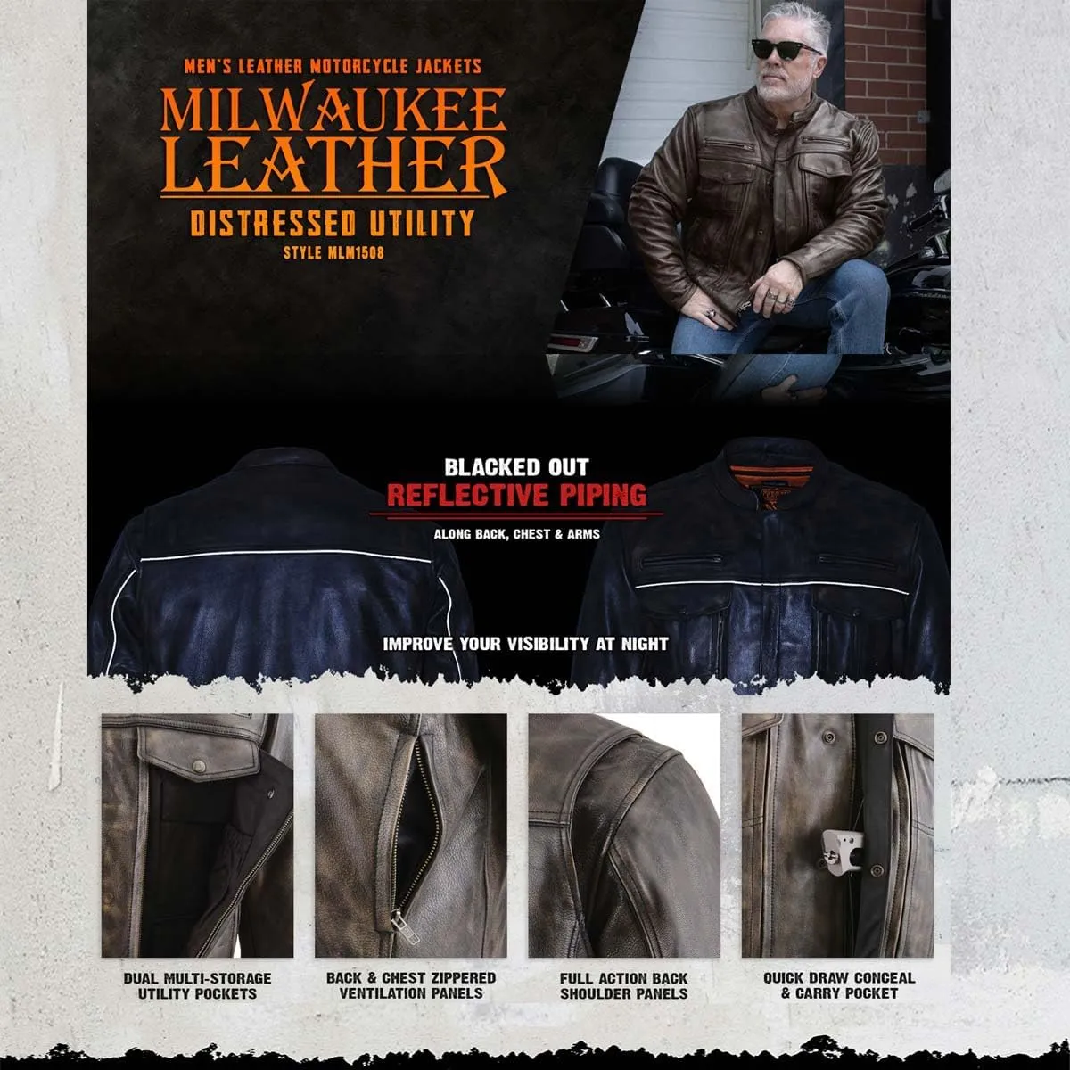Milwaukee Leather MLM1506 Men's Black Premium Leather Motorcycle Jacket w/Utility Pockets Cool-Tec Leather Treatement