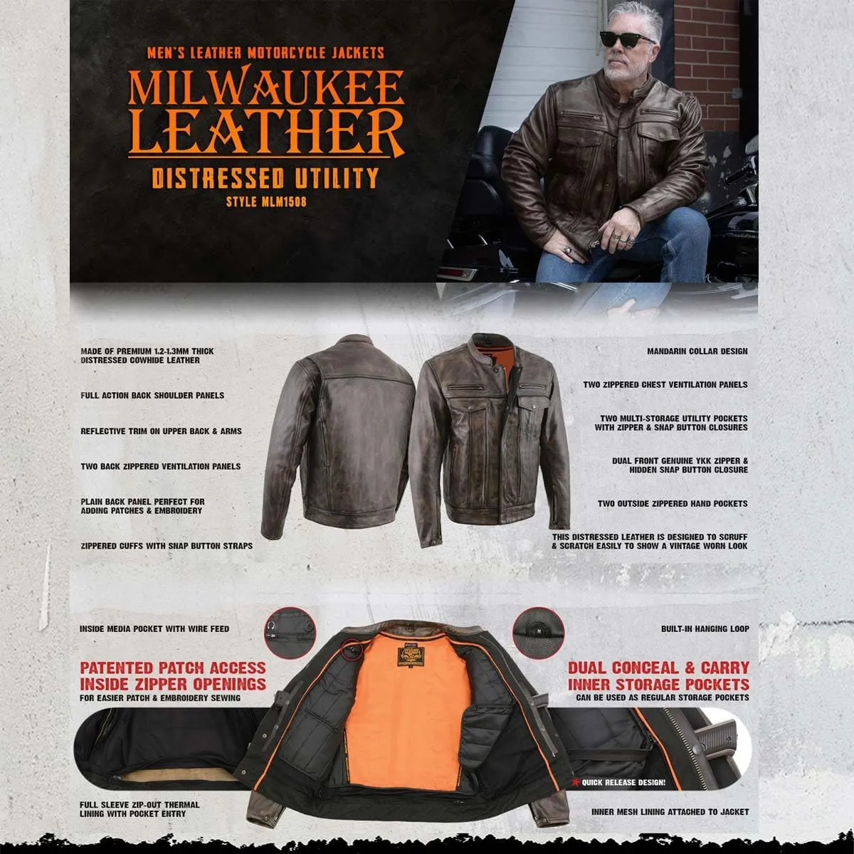 Milwaukee Leather MLM1506 Men's Black Premium Leather Motorcycle Jacket w/Utility Pockets Cool-Tec Leather Treatement