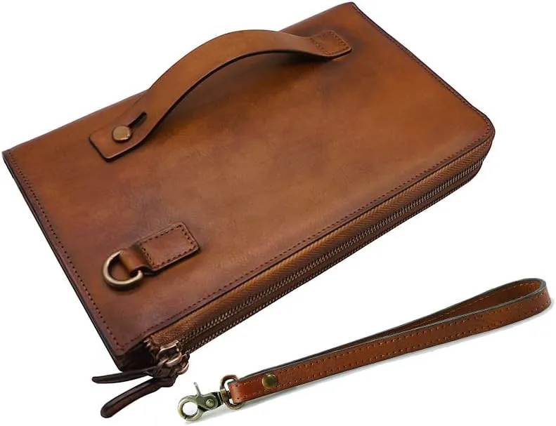 ORIREAL Mens Wristlets Clutch Bag Genuine Leather Wallets Handbag Luxury Purses (Brown)