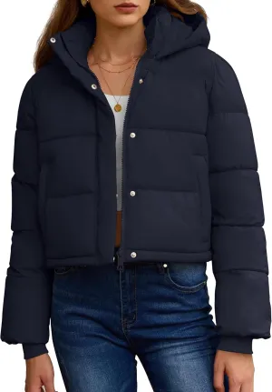 PHISOCKAT Womens Puffer Jacket Cropped Quilted Jacket Long Sleeve Full Zip Coats with Pockets Winter Outerwear with Hood