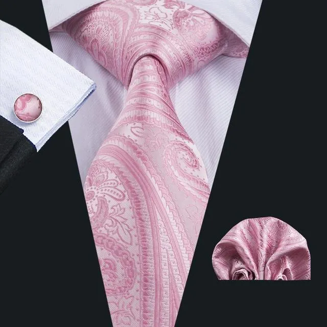 Pink Paisley Tie Hanky Cufflinks Set Gift Box Set
