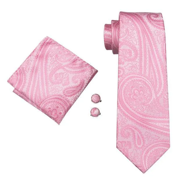 Pink Paisley Tie Hanky Cufflinks Set Gift Box Set